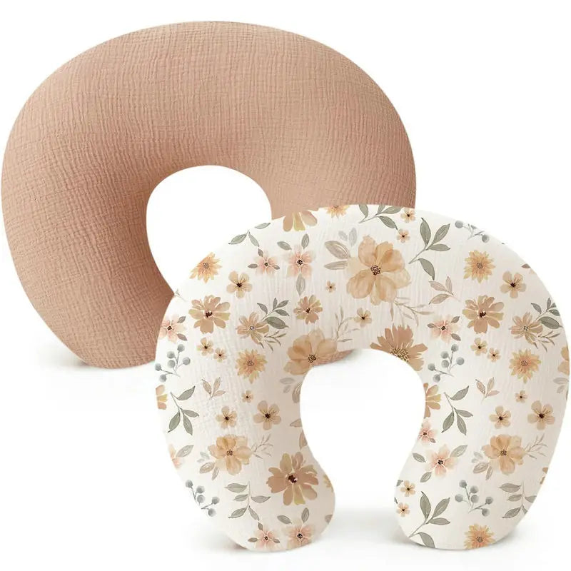 U-Shaped Cotton Muslin Nursing Pillow Cover with Floral & Solid Prints