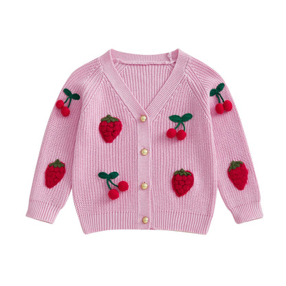 Cherry Knit Button-Up Cardigan for Toddlers and Kids – Soft V-Neck Sweater