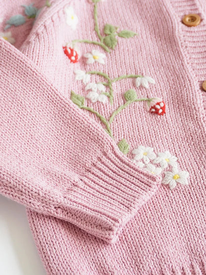 Baby & Toddler Girls Cotton Knit Cardigan (2–6 Years) – Button-Front Sweater with Duck Embroidery