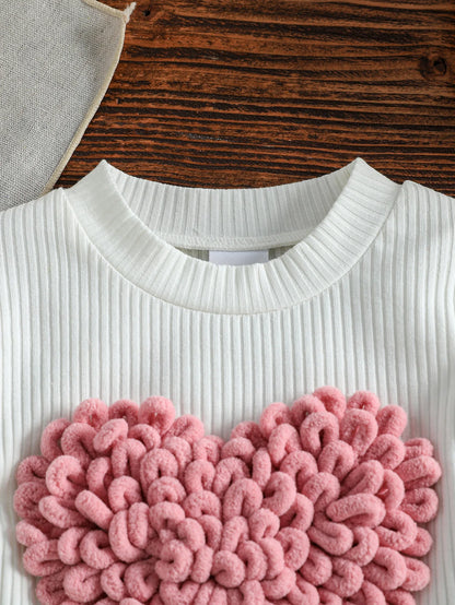 3D Heart Textured Sleeve Top & Pleated Skirt Set for Girls