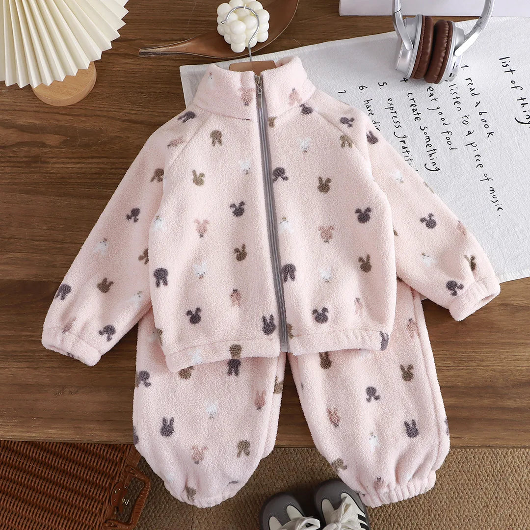 Cozy Fleece Two-Piece Lounge Set for Babies & Toddlers – Plush Cartoon Top + Matching Pants