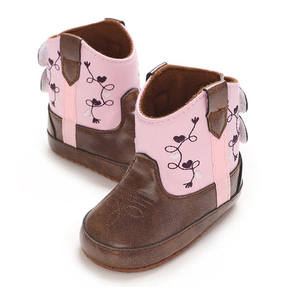 Western Floral Embroidered Baby Cowboy Boots with Soft Cotton Soles
