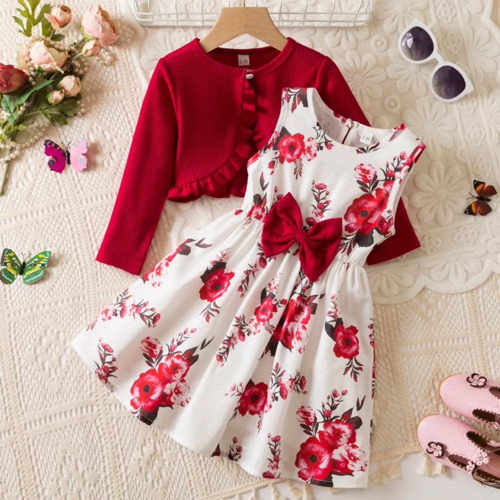 Floral Bow Dress & Ruffle-Trim Cardigan Set for Girls