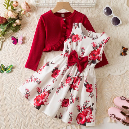 Floral Bow Dress & Ruffle-Trim Cardigan Set for Girls