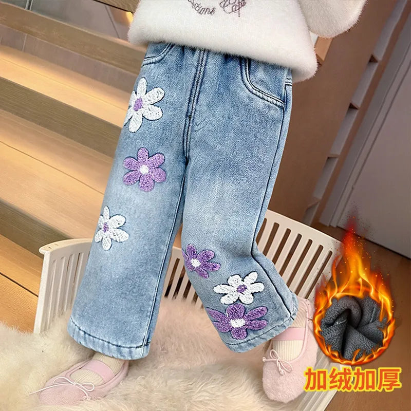Floral Embroidered Fleece-Lined Wide-Leg Jeans for Girls
