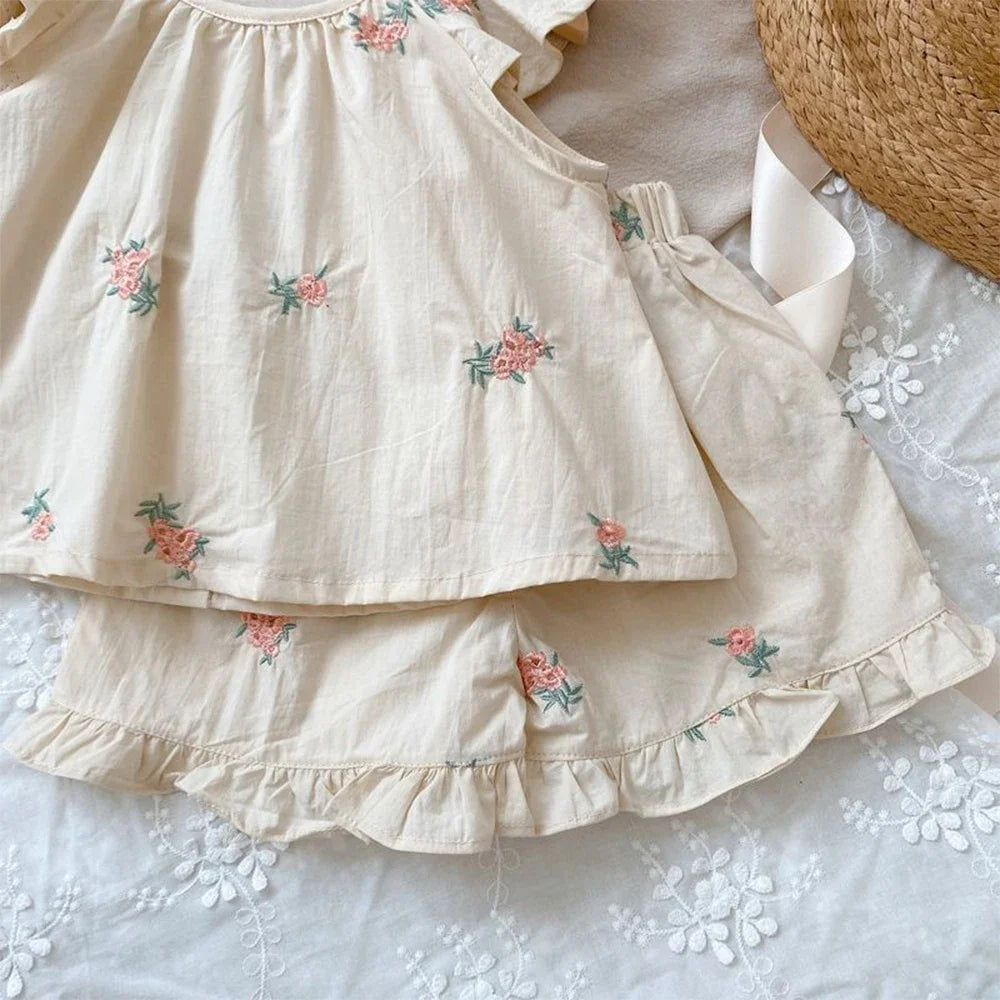 Embroidered Floral Flutter-Sleeve Top & Ruffle Shorts Set for Girls
