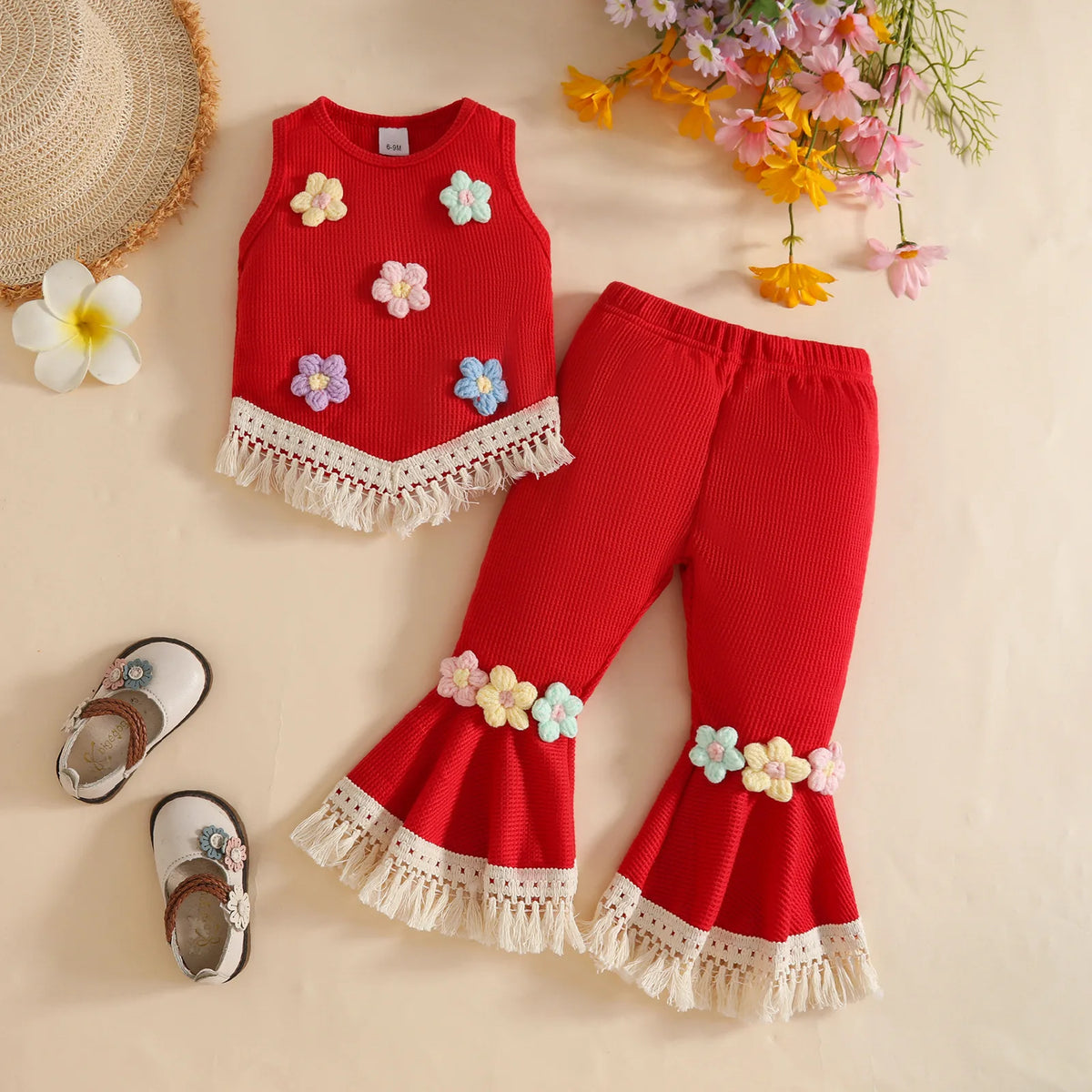 Floral Appliqué Ribbed Top & Pleated Shorts Set for Girls