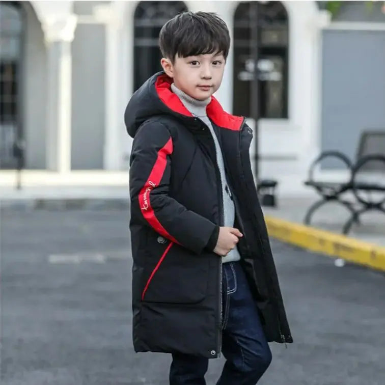 Contrast-Panel Longline Hooded Winter Coat for Boys