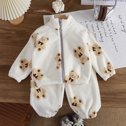 Cozy Fleece Two-Piece Lounge Set for Babies & Toddlers – Plush Cartoon Top + Matching Pants