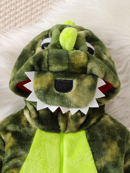 Plush Dinosaur Baby Romper with Hood & Matching Sock Covers