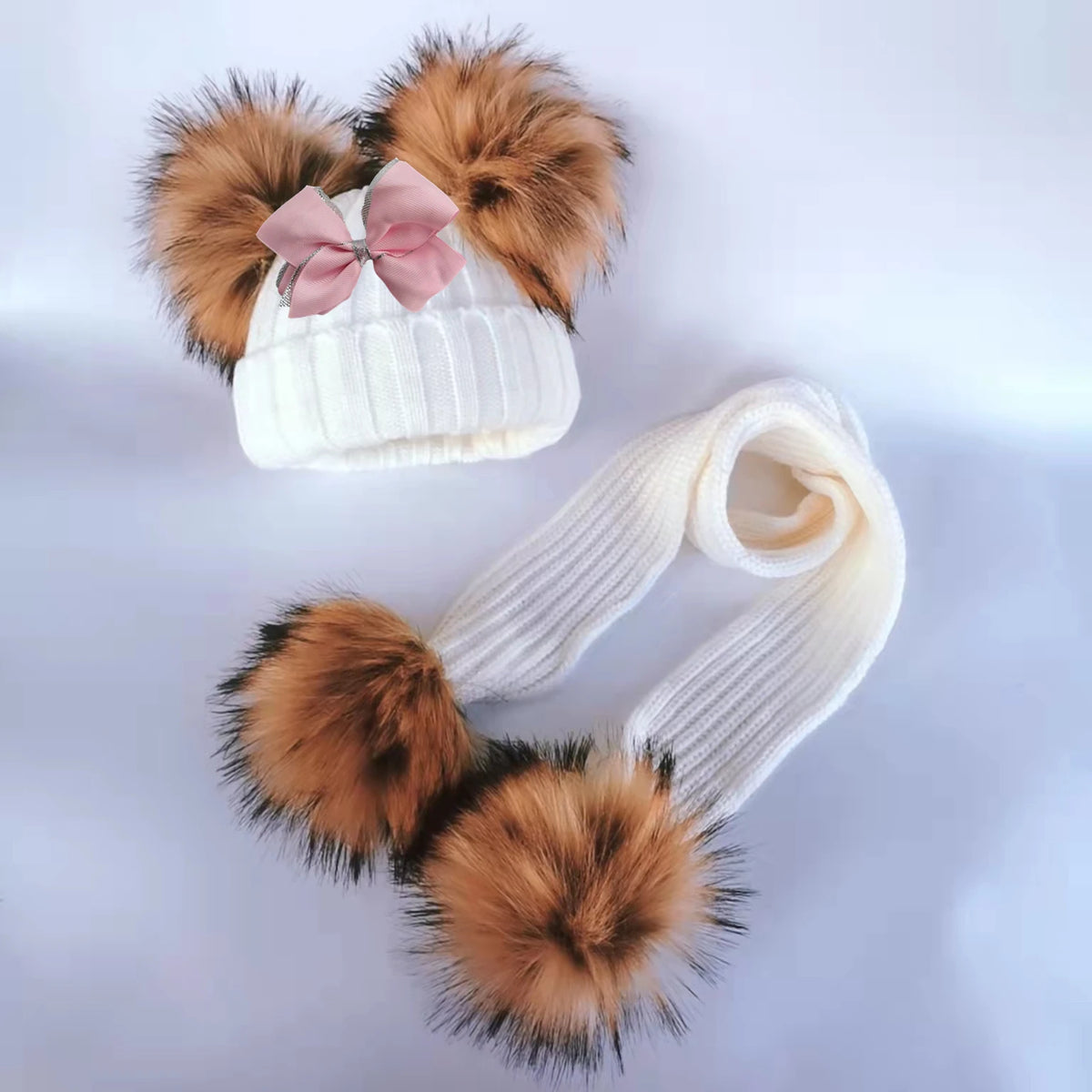 Double Pom Knit Beanie & Scarf Set with Bow
