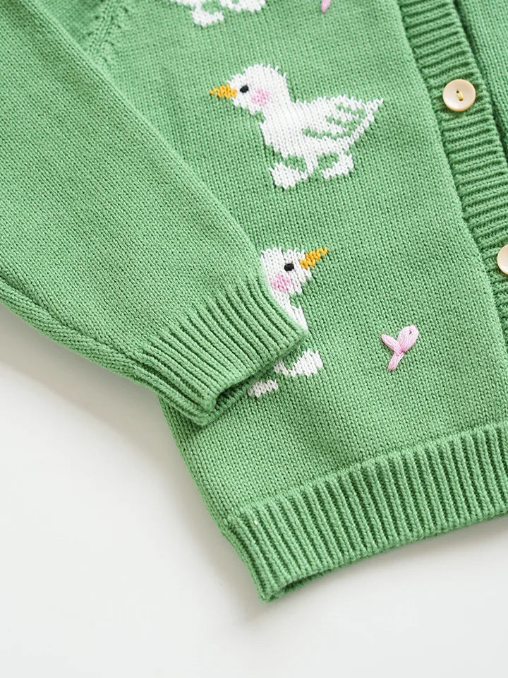 Baby & Toddler Girls Cotton Knit Cardigan (2–6 Years) – Button-Front Sweater with Duck Embroidery