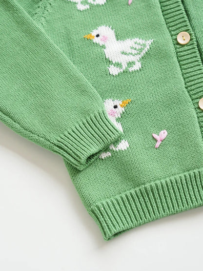 Baby & Toddler Girls Cotton Knit Cardigan (2–6 Years) – Button-Front Sweater with Duck Embroidery