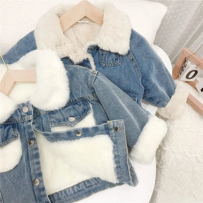 Girls Fleece-Lined Denim Jacket with Faux Fur Collar – Warm Winter Coat (1–6 Years)