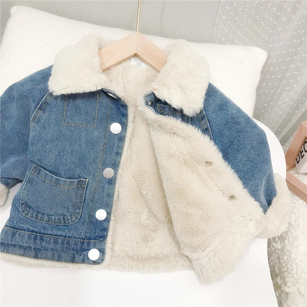 Girls Fleece-Lined Denim Jacket with Faux Fur Collar – Warm Winter Coat (1–6 Years)