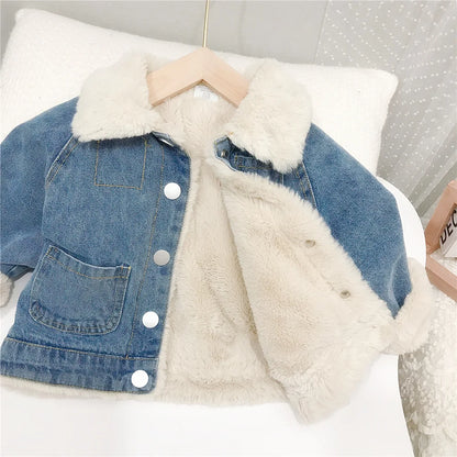 Girls Fleece-Lined Denim Jacket with Faux Fur Collar – Warm Winter Coat (1–6 Years)