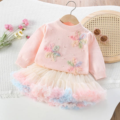 Pastel Petal Knit Sweater & Ruffle Tutu Skirt Set for Girls