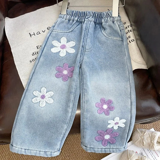 Floral Embroidered Fleece-Lined Wide-Leg Jeans for Girls