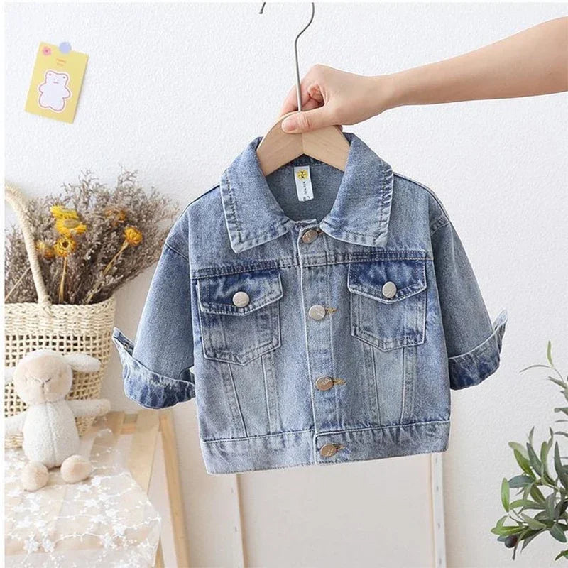 Girls Cartoon Denim Jacket – Playful Button-Front Coat for Spring & Fall (Ages 2–7)
