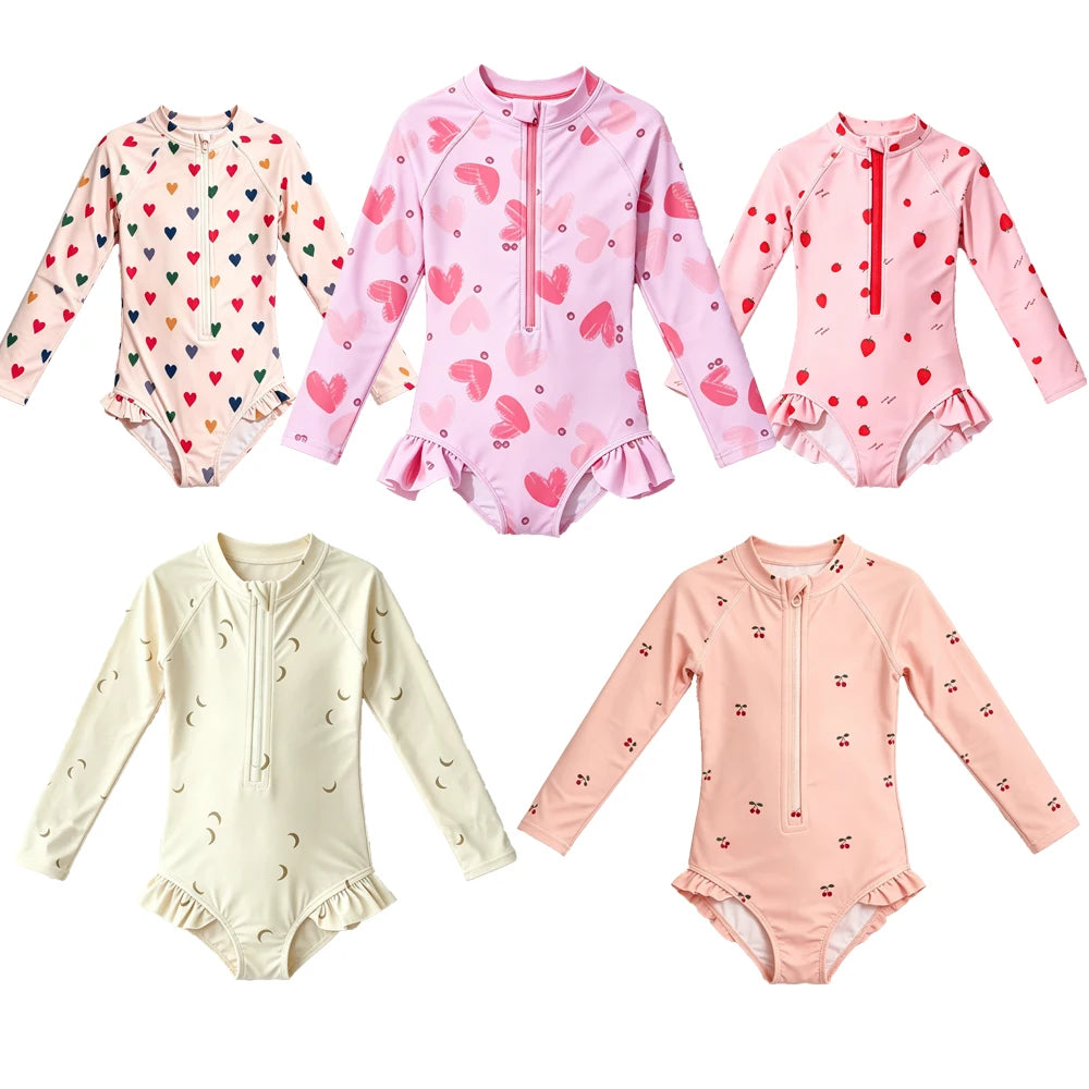 Whimsical Print Long-Sleeve Zip One-Piece Swimsuit for Girls