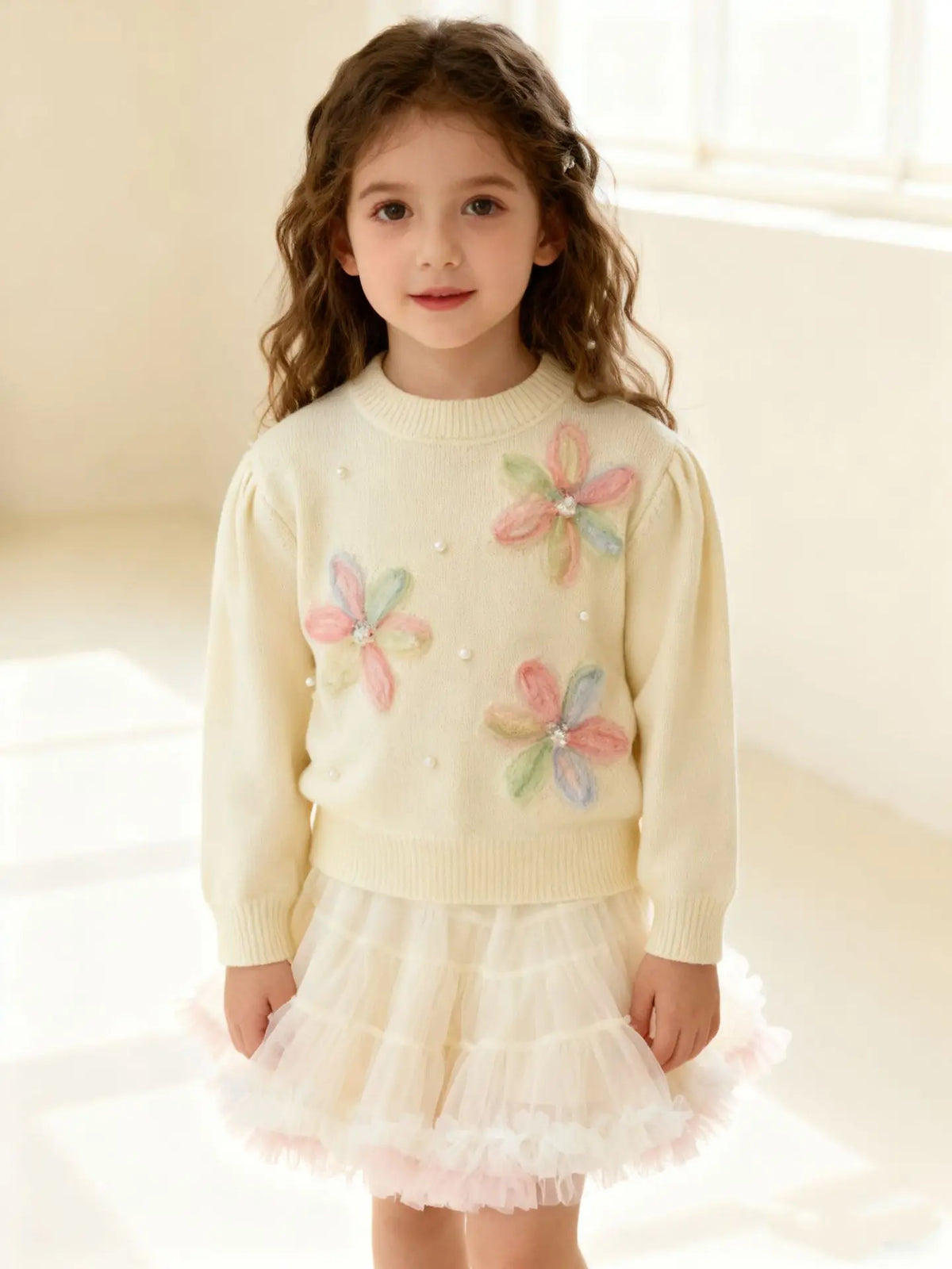 Pastel Petal Knit Sweater & Ruffle Tutu Skirt Set for Girls