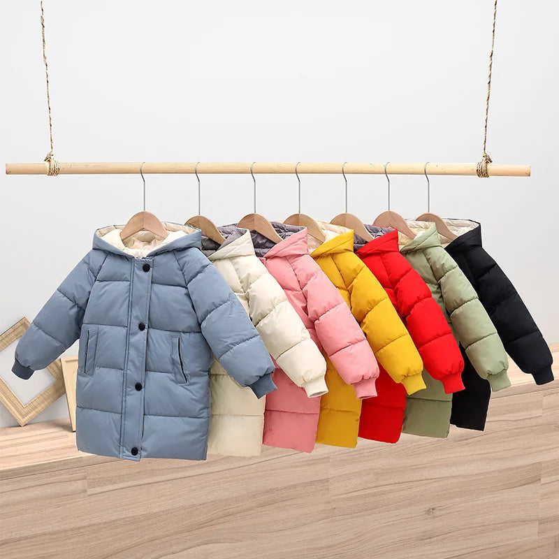 Hooded Winter Puffer Coat for Kids – Warm, Wind-Resistant Long Jacket
