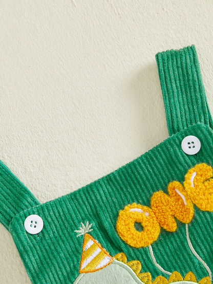 First Birthday Dino Corduroy Bubble Overall Romper for Baby Boys