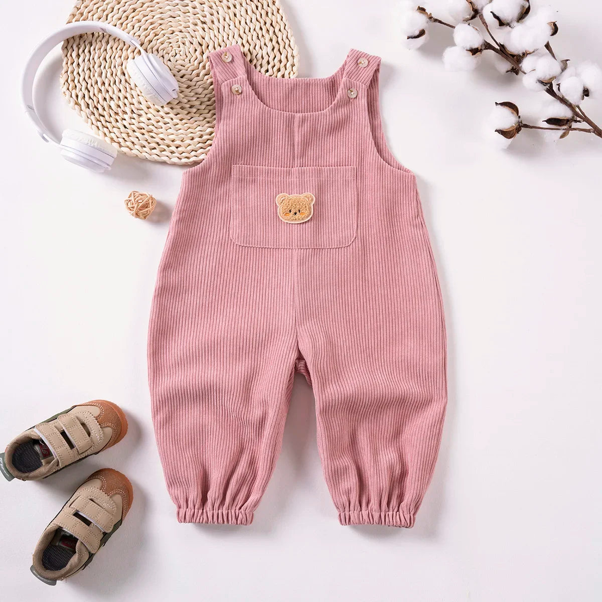 Bear-Patch Ribbed Overall Romper for Girls