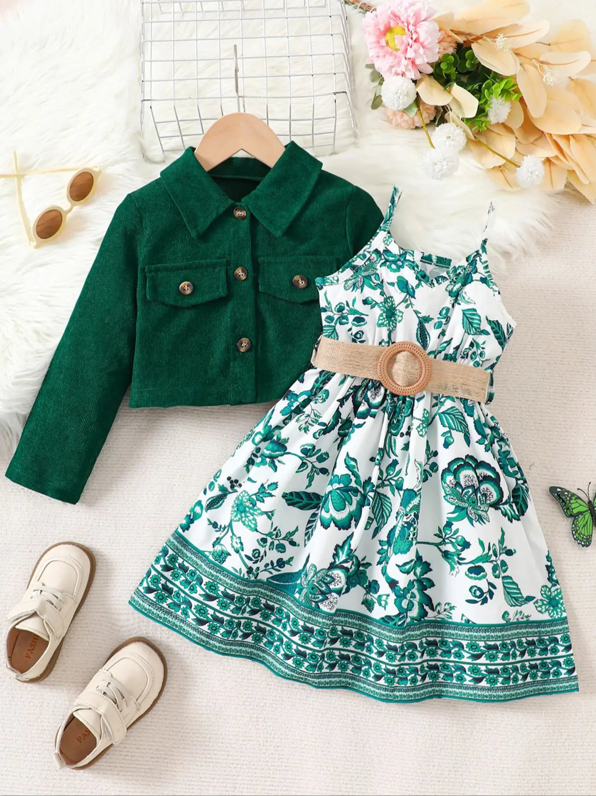 Emerald Garden Floral Dress & Cropped Jacket Set for Girls