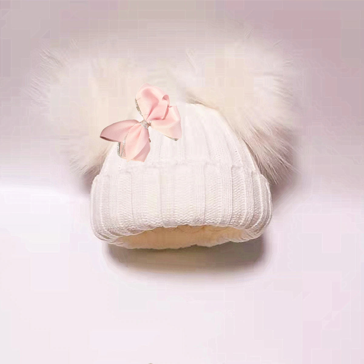 Double Pom Knit Beanie & Scarf Set with Bow