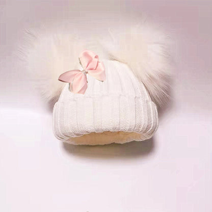 Double Pom Knit Beanie & Scarf Set with Bow