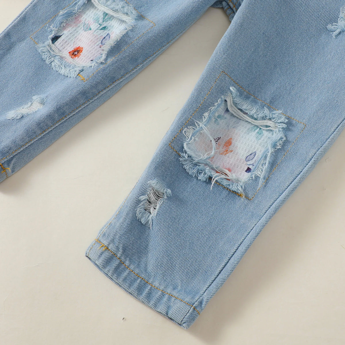 Floral Peplum Top & Distressed Denim Set for Girls