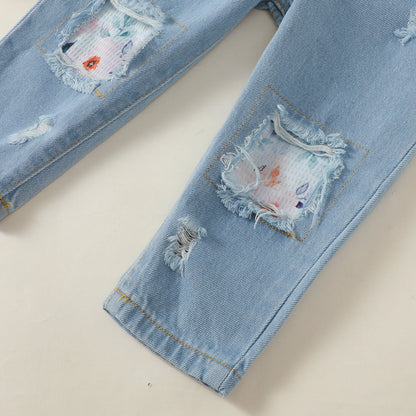 Floral Peplum Top & Distressed Denim Set for Girls