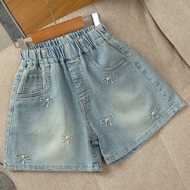 Mini Bow Embroidered Wide-Leg Denim Shorts for Girls