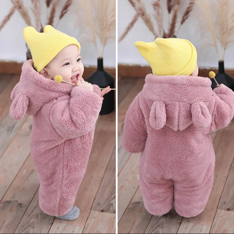 Plush Bear-Ear Fleece Baby Romper