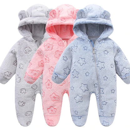 Plush Hooded Baby Jumpsuit – Cozy Flannel One-Piece with Bear Ears (0–12 Months)