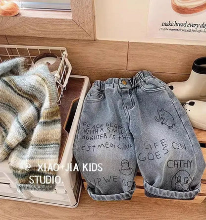 Washed Patch-Pocket Loose Jeans for Boys