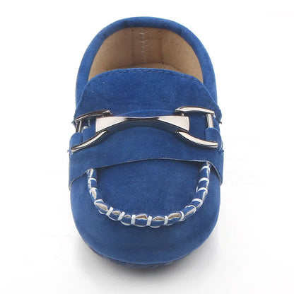 Metal Buckle Suede-Look Baby Loafers with Contrast Stitching