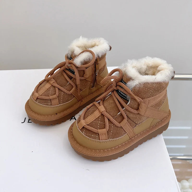 Fluffy-Collar Lace-Up Winter Ankle Boots for Kids