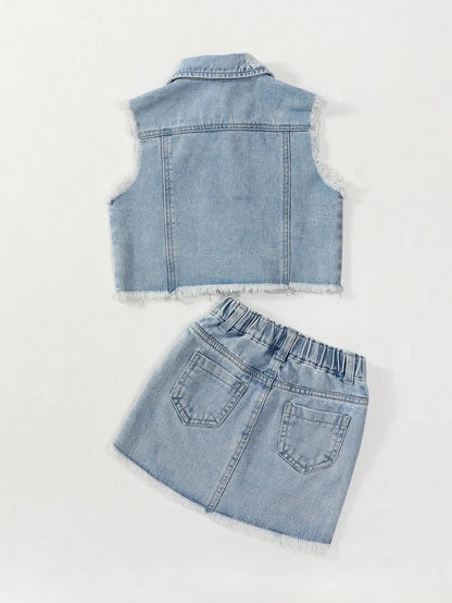 Distressed Denim Vest & Skirt Set for Girls | Trendy Two-Piece Outfit for Kids