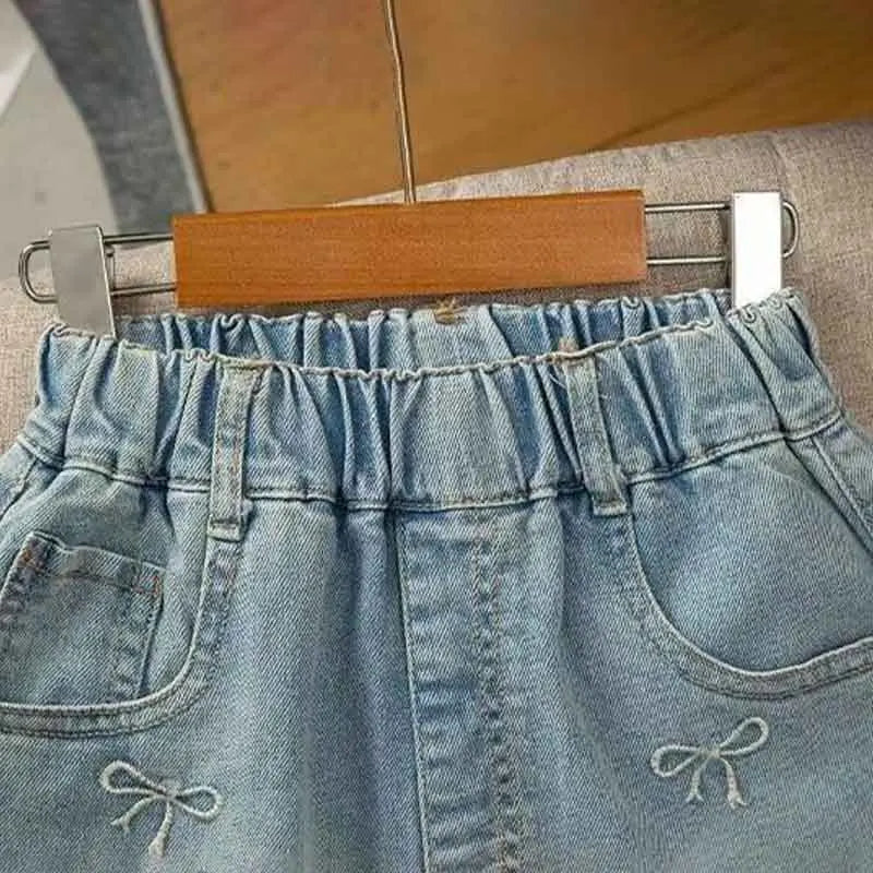 Mini Bow Embroidered Wide-Leg Denim Shorts for Girls