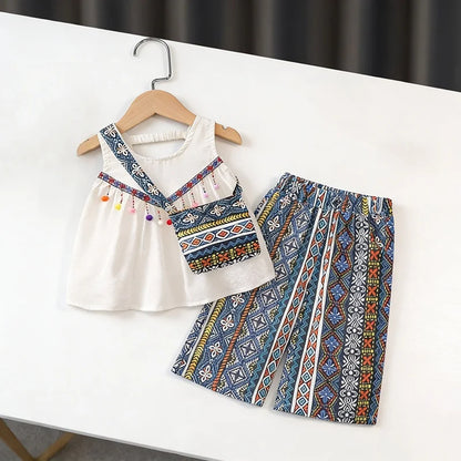Boho Tassel Top, Printed Pants & Mini Bag Set