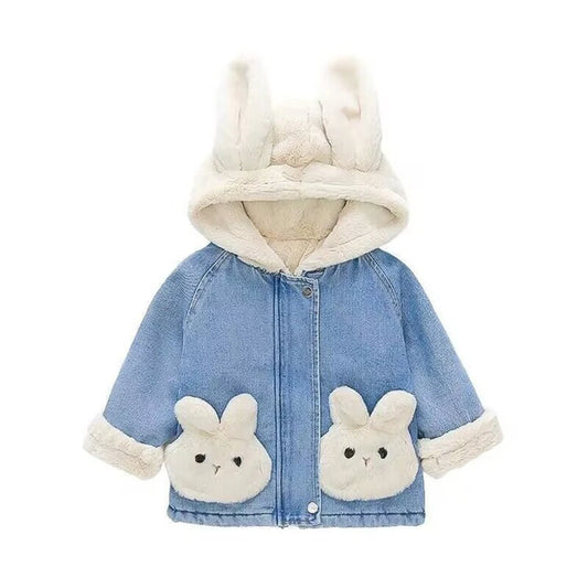 Girls Plush Rabbit Hooded Denim Jacket – Fleece-Lined Winter Coat (Ages 2–8)