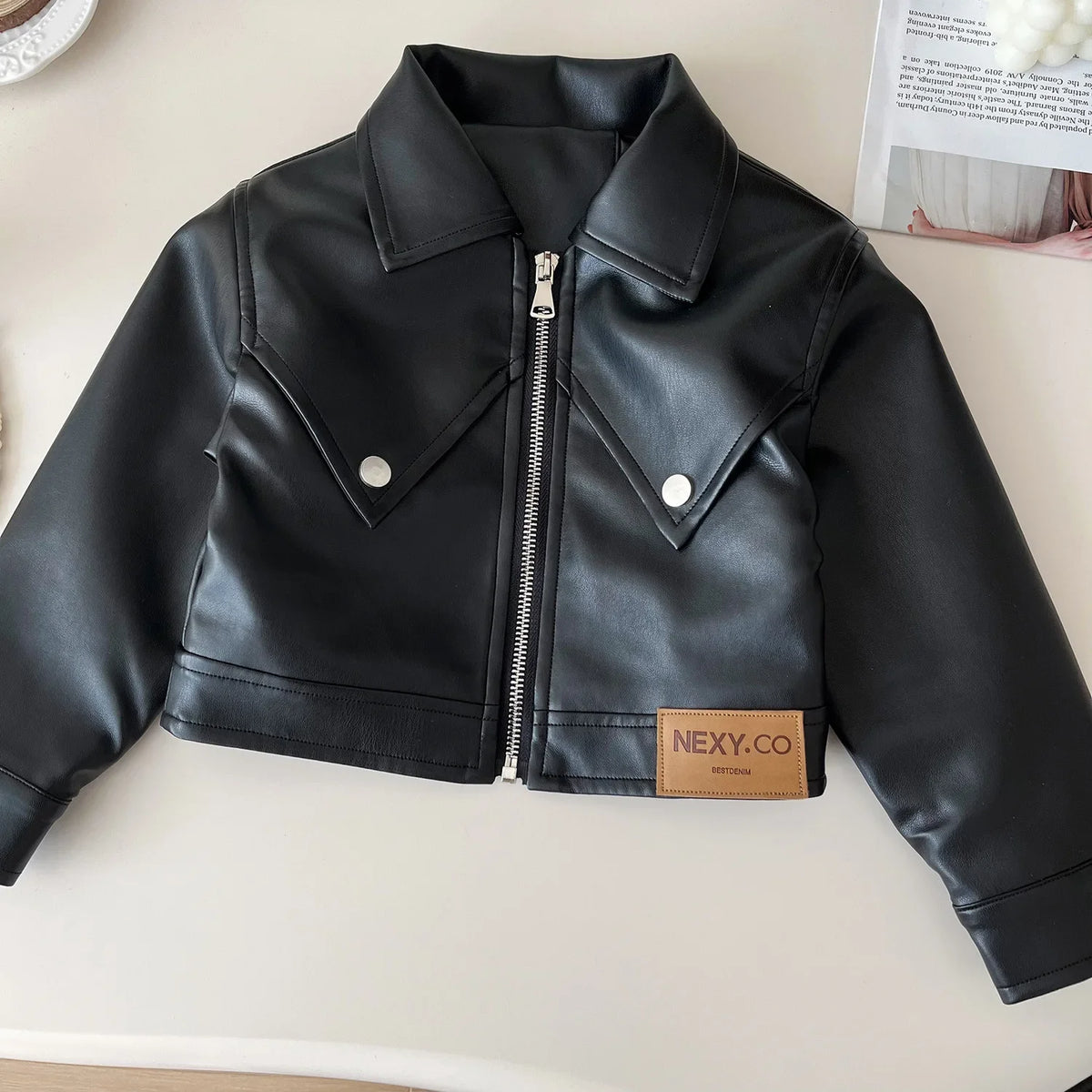 Faux Leather Moto Jacket & Pleated Skirt Set for Girls