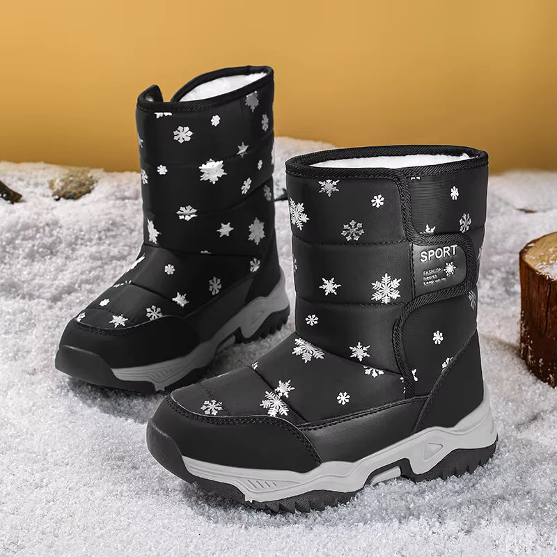 Snowflake Print Fur-Lined Winter Snow Boots for Girls