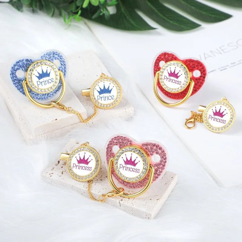 Royal Crown Rhinestone Pacifier & Clip Set for Babies