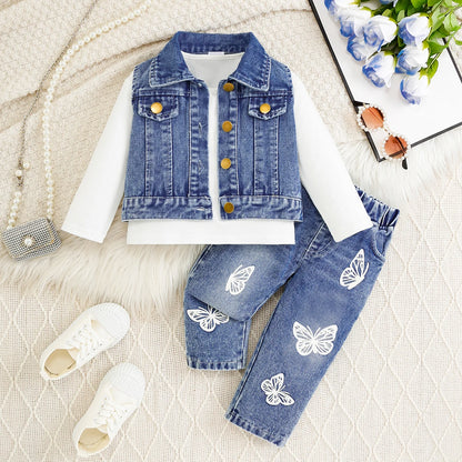 Butterfly Flight Girls’ Denim Vest & Pants 3-Piece Set