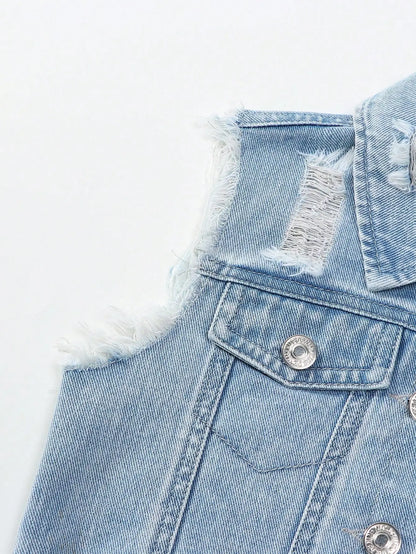 Distressed Denim Vest & Skirt Set for Girls | Trendy Two-Piece Outfit for Kids