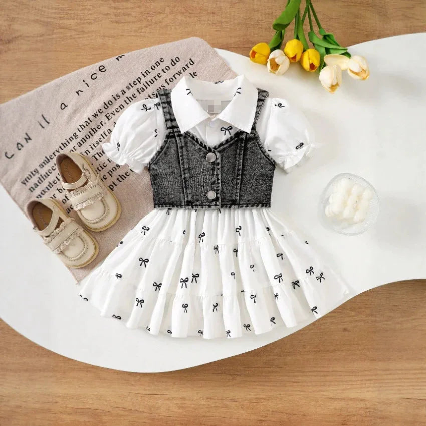 Bow-Print Tiered Dress & Cropped Denim-Look Vest Set for Baby Girls