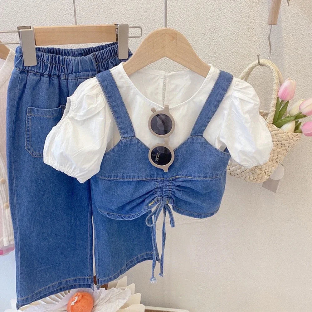 Ruched Denim Vest, Puff-Sleeve Top & Wide-Leg Jeans Set for Girls